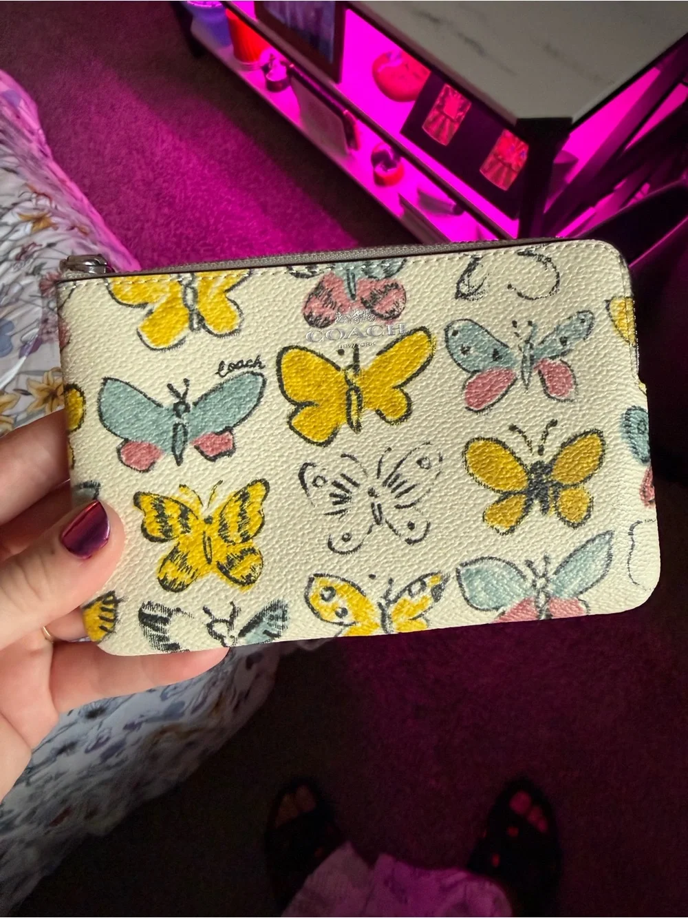 Coach Butterfly Zip Card Case - Yellow, Blue, Pink on Cream